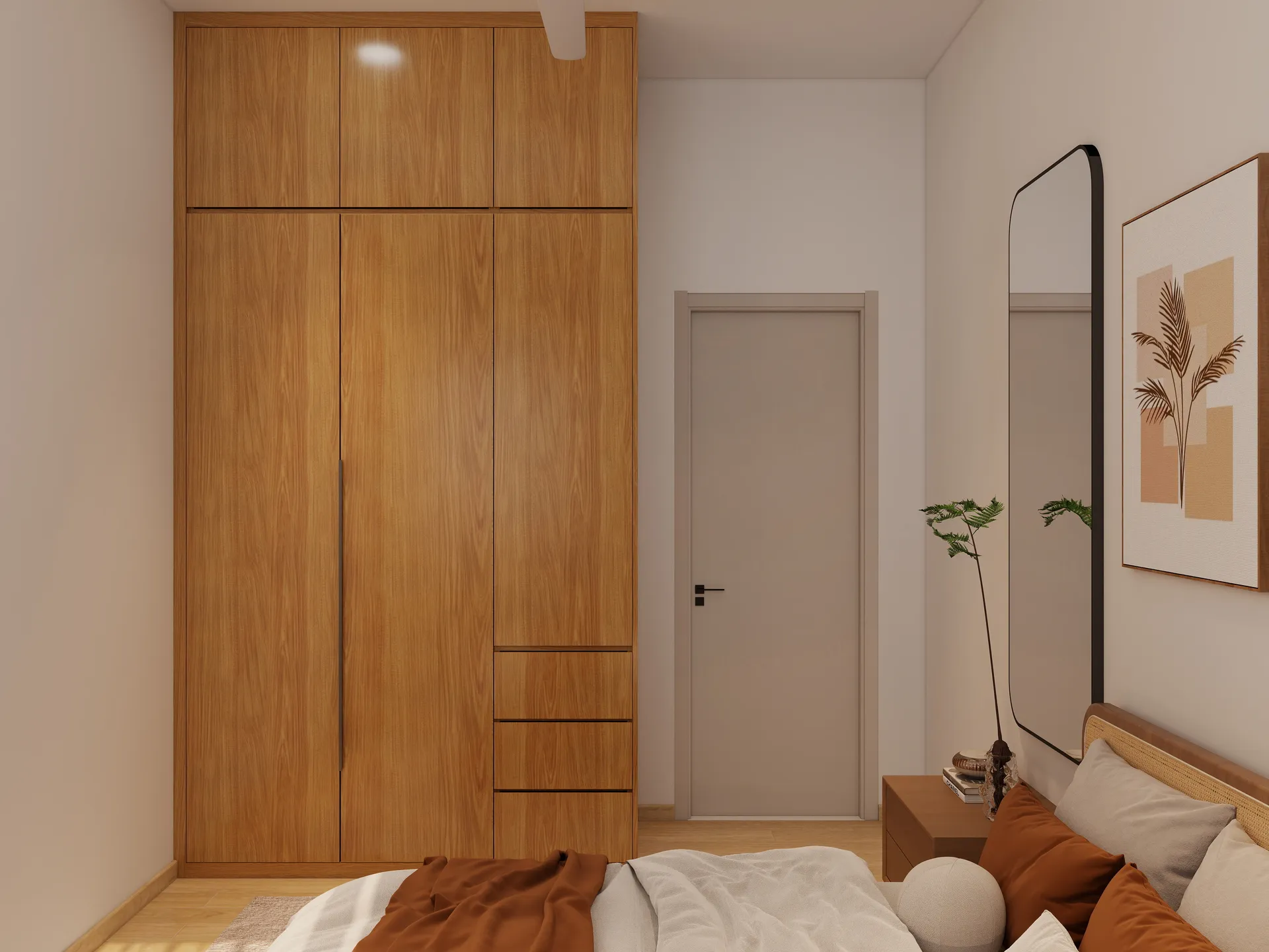 Japandi bedroom with natural wood wardrobe and terracotta accents