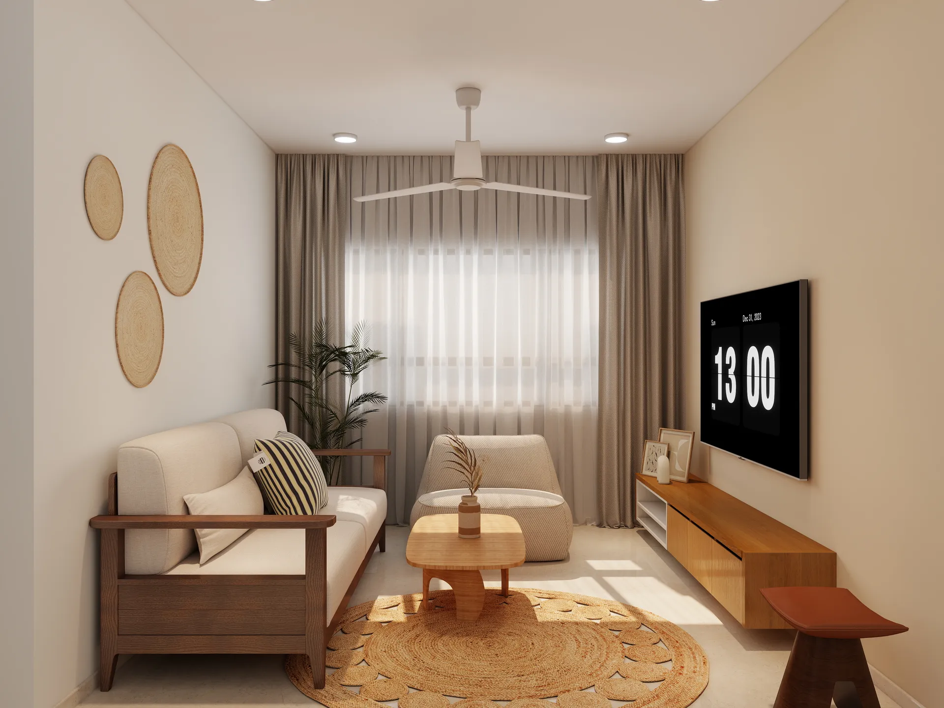 Japandi living room with woven jute rug and natural wood furniture