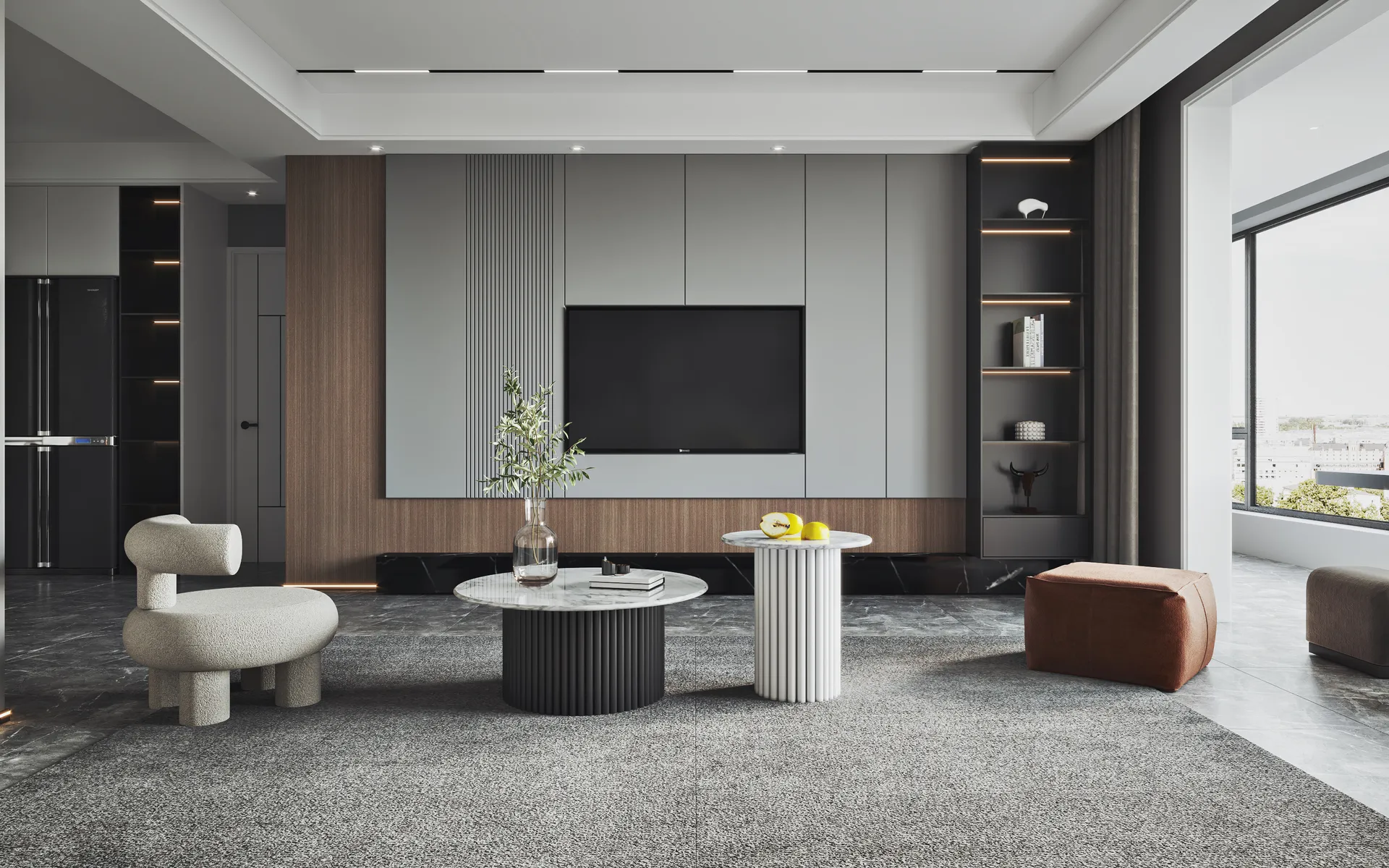 Minimalist living room with TV wall featuring grey panels and wood slat accent