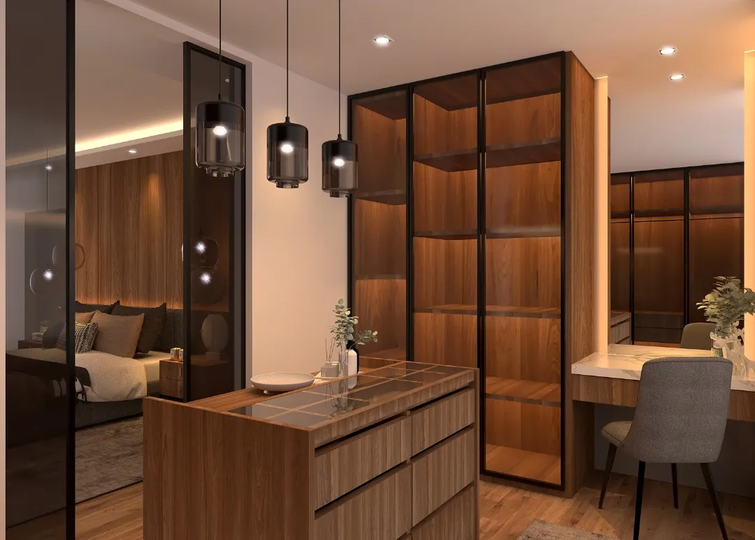 Dressing room with warm wood cabinetry and marble vanity counter