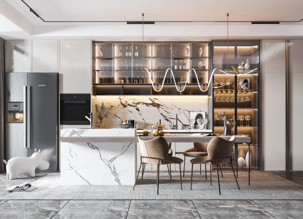 Modern luxury kitchen and dining area with marble waterfall island and LED pendant lighting