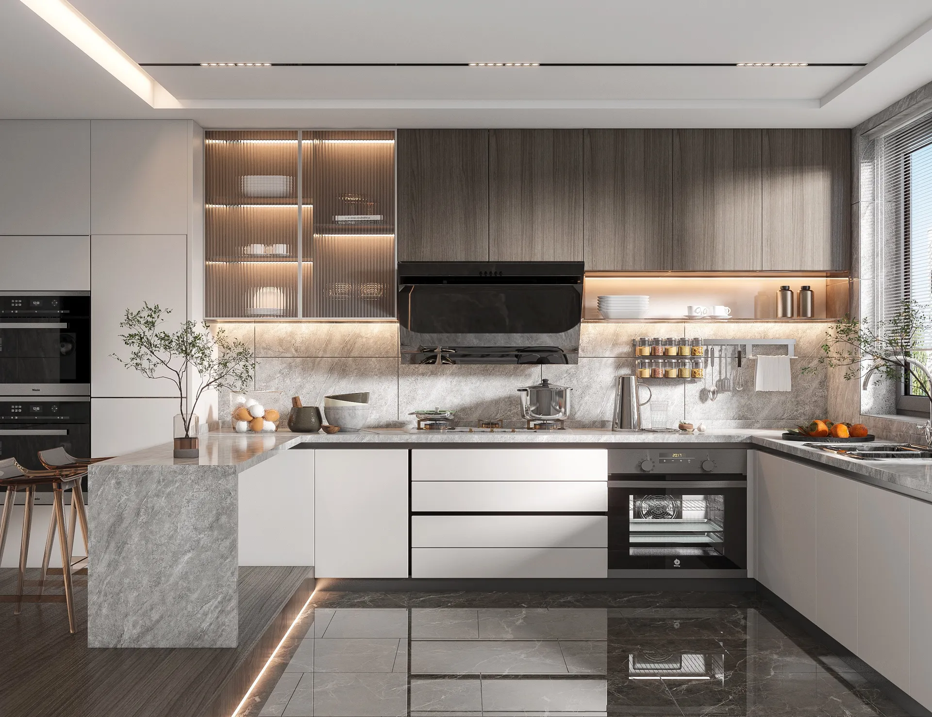 Contemporary U-shaped kitchen with fluted glass cabinets and marble countertops