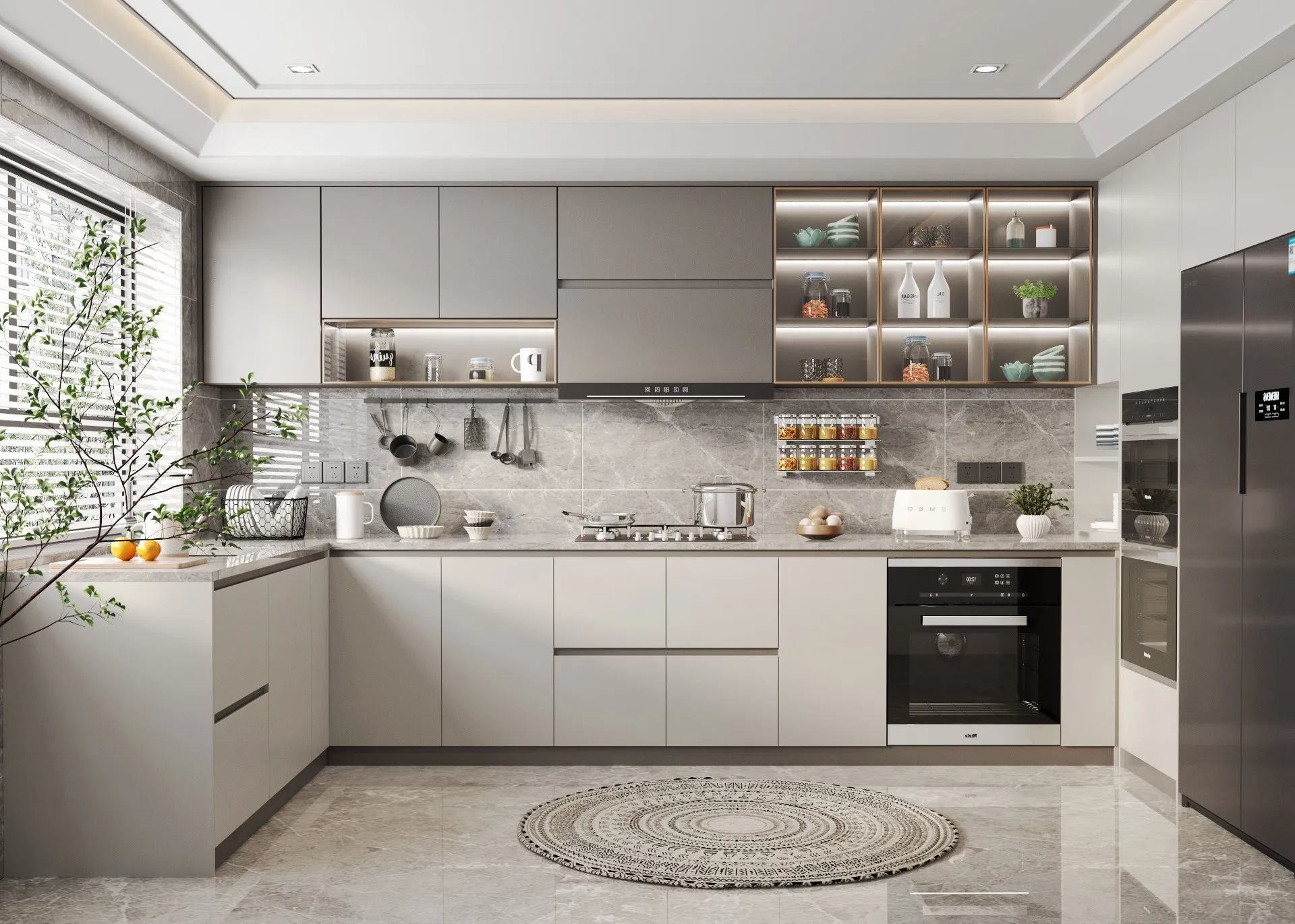 Minimalist L-shaped kitchen with marble backsplash and integrated appliances