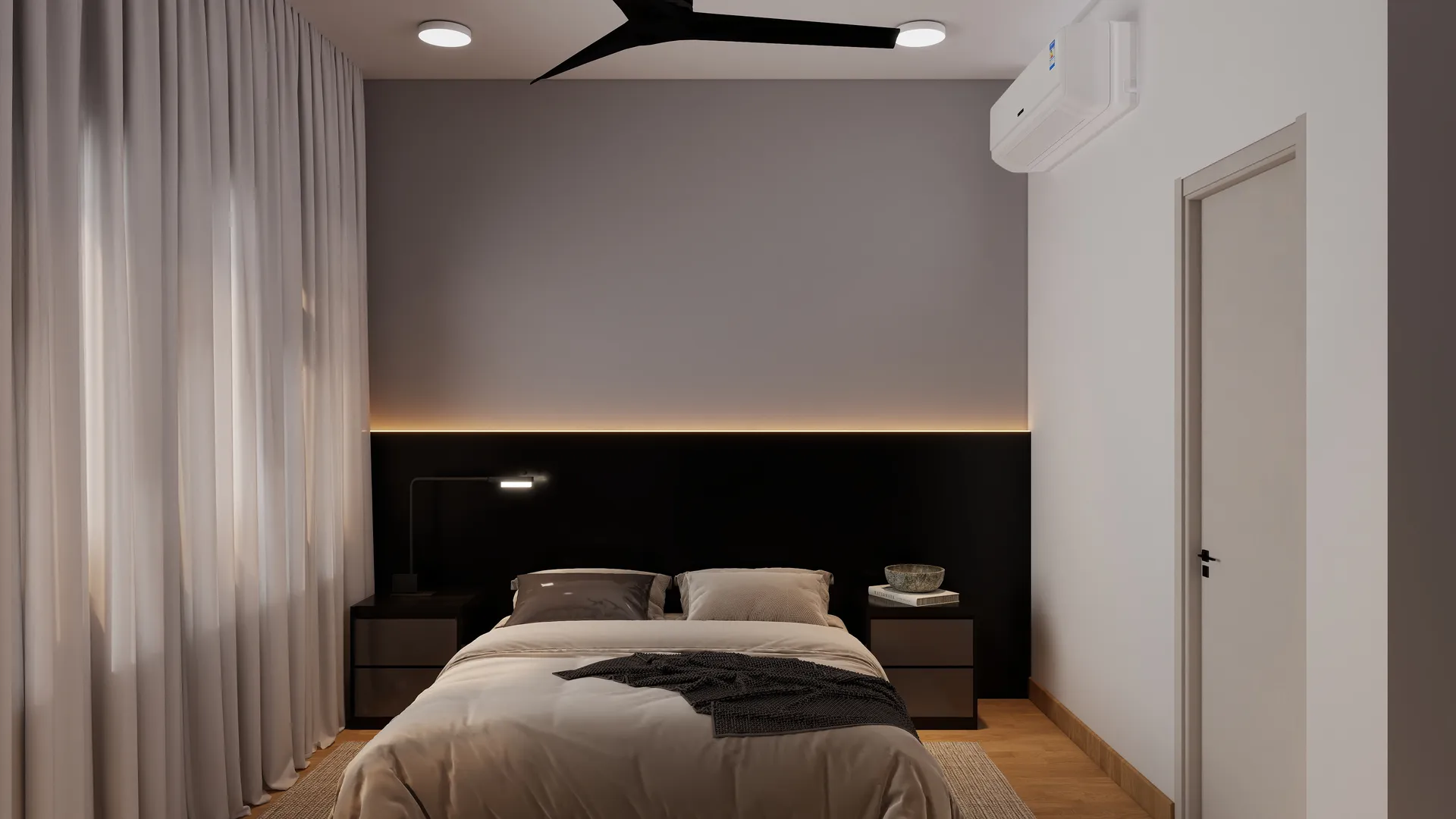 Master bedroom with dark headboard and LED cove lighting — Orangie Studio renovation