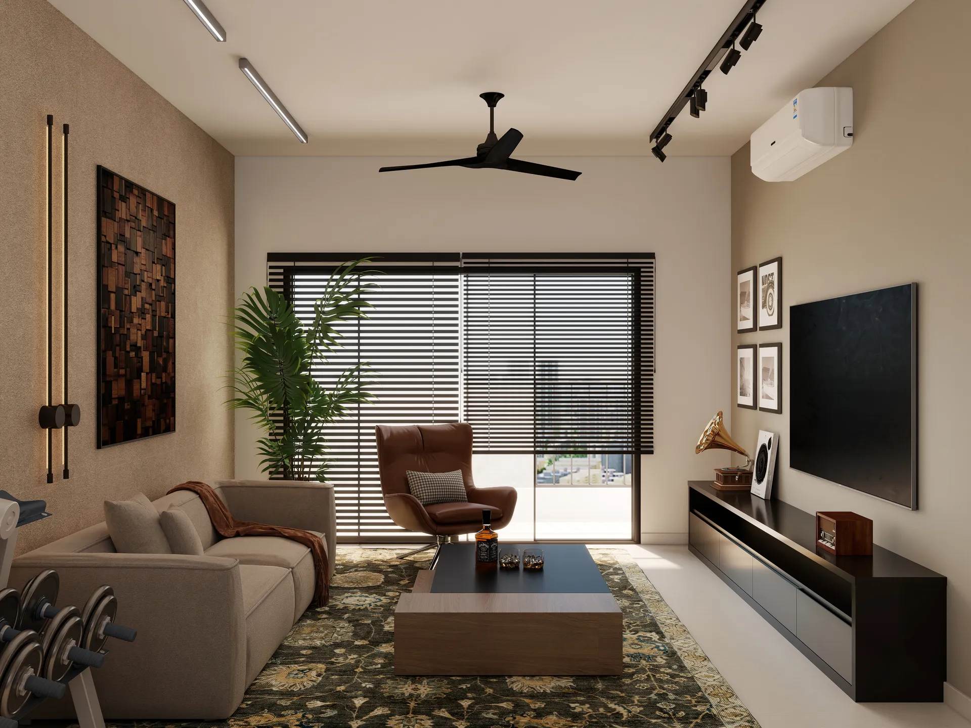 Industrial style condo living and dining room design