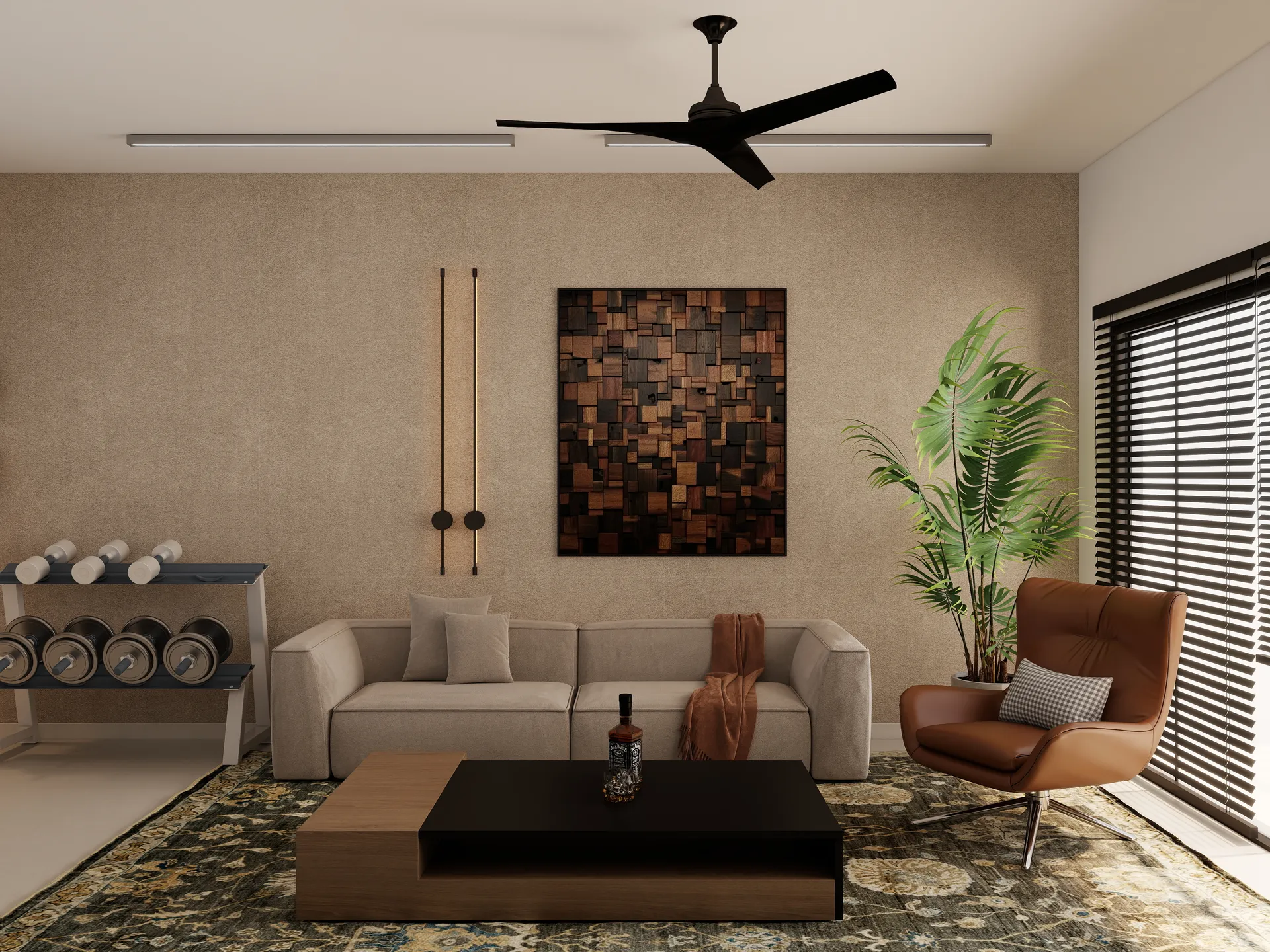 Industrial style condo interior with open-plan living and dining