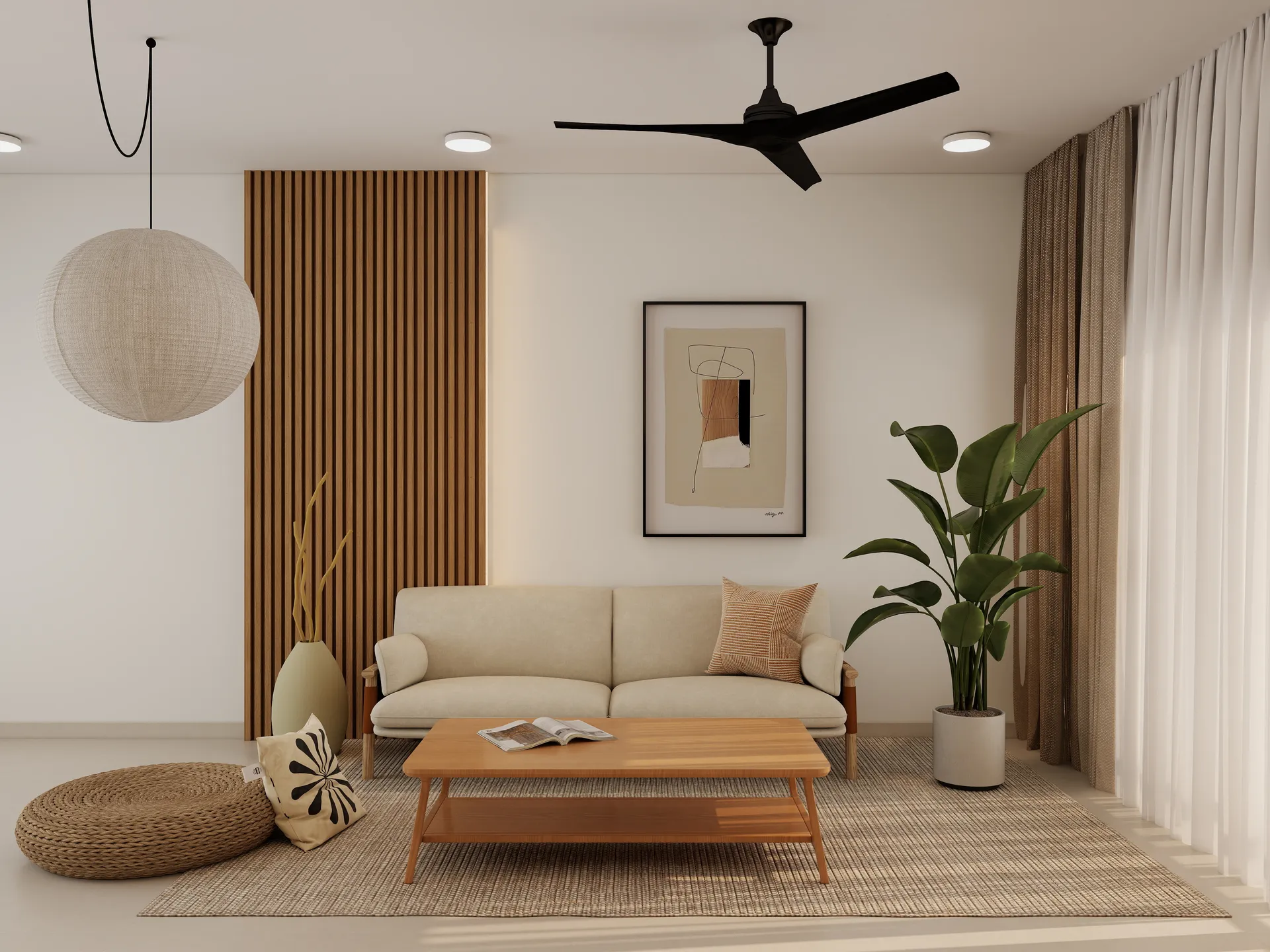 Japandi style condo interior with warm wood and neutral tones